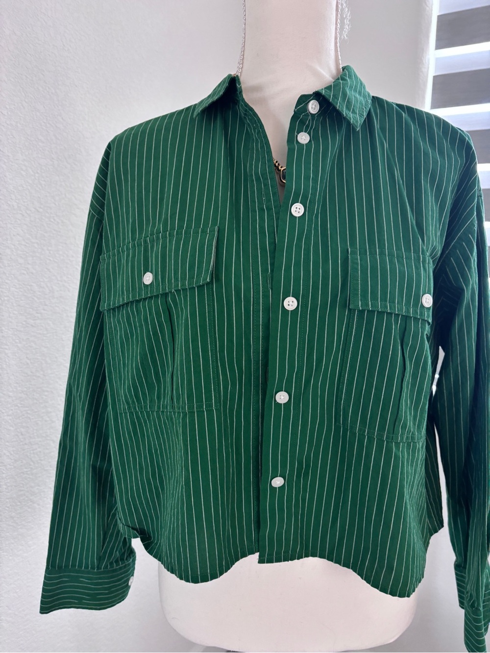 Madewell Green Pinstripe Button-Up Shirt Jacket